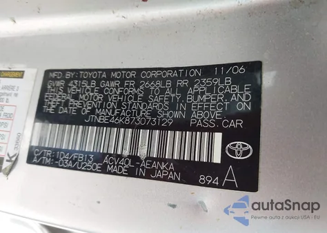 2007 Toyota Camry Le z USA, uszkodzony, nr VIN JTNBE46K873073129